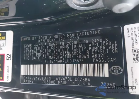 2020 Toyota Camry Se из США, поврежденный, VIN 4T1G11AK7LU913574